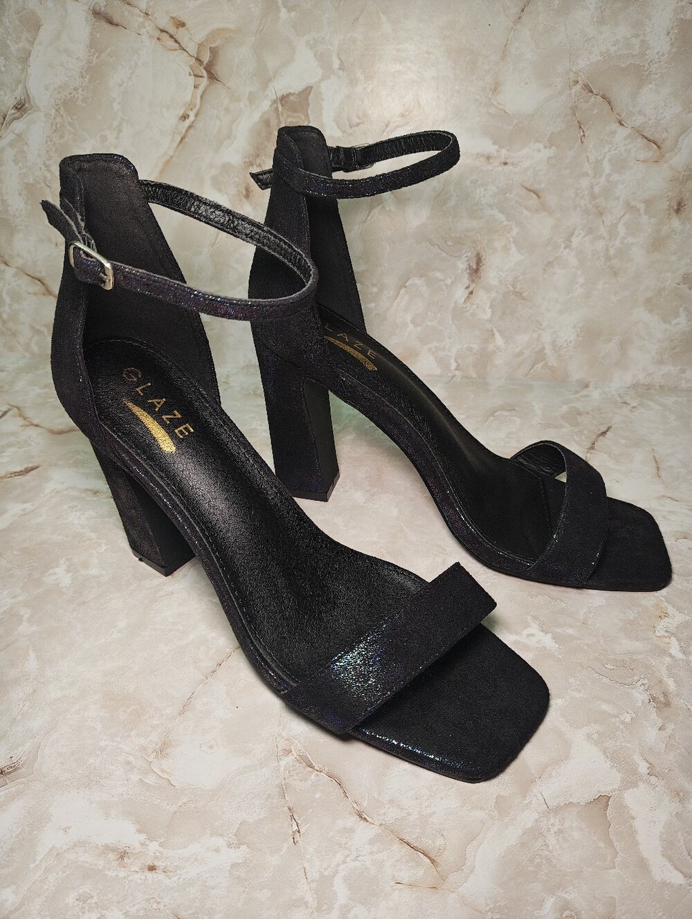 Dark blue open toe block heel ankle strap pumps w/ multicolor sparkle size 8.5